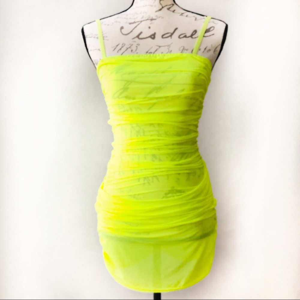 Neón Green Mesh Cover Up Sexy Bodycon Mini Dress - Picture 3 of 4